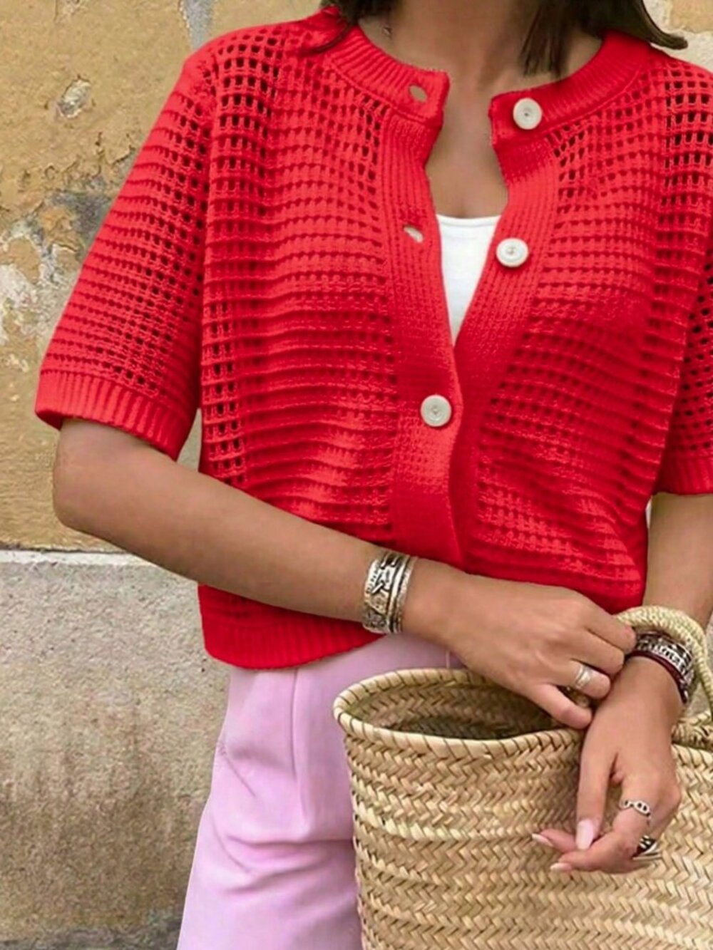 Bright Red Casual Women's button down knit cardigan - Picture 5 of 9